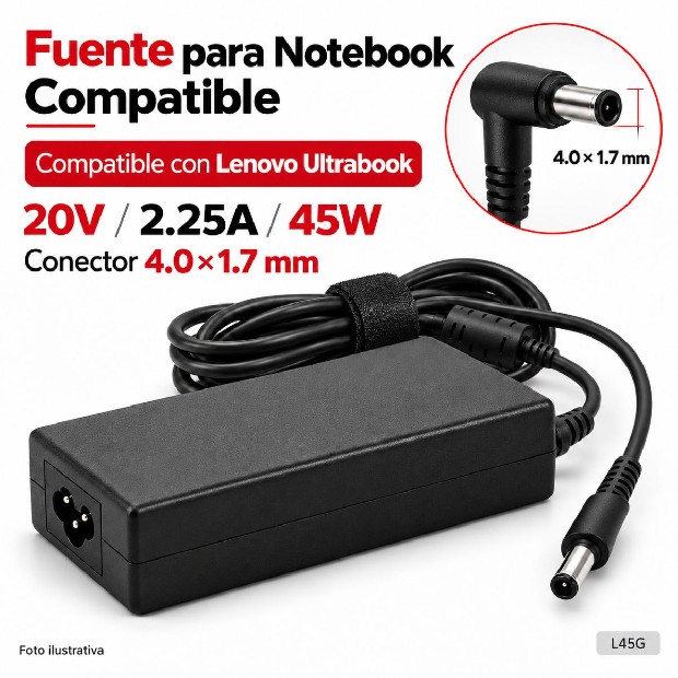 &ua FUENTE NOTEBOOK LENOVO ULTRABOOK 20V/2.25A/45W 4.0*1.7MM (L45G)